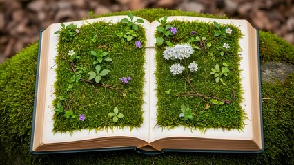 Open Book with Lush Green Moss and Small Flowers Growing Inside