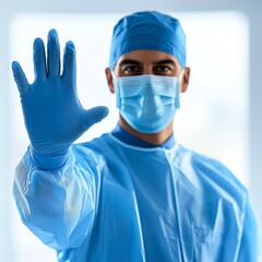 A surgeon in a blue surgical gown and mask, holding up a gloved hand in a hospital setting.  high resolution   for isolate image