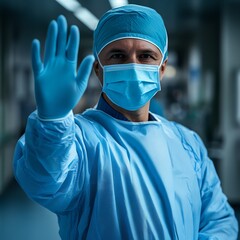A surgeon in a blue surgical gown and mask, holding up a gloved hand in a hospital setting.  high resolution   for isolate image