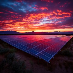 A vast, expansive solar panel array under a dramatic, fiery sunset sky with a silhouetted mountain range in the distance.  high resolution   for isolate image