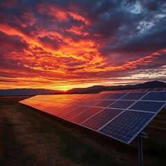 A vast, expansive solar panel array under a dramatic, fiery sunset sky with a silhouetted mountain range in the distance.  high resolution   for isolate image