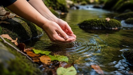 Hands cupping fresh, clear water from a pristine forest stream.