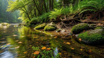 Lush Green Forest Stream with Mossy Rocks and Reflected Sunlight.