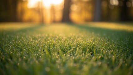 Lush Green Grass Field Bathed in Golden Sunlight at Sunset.