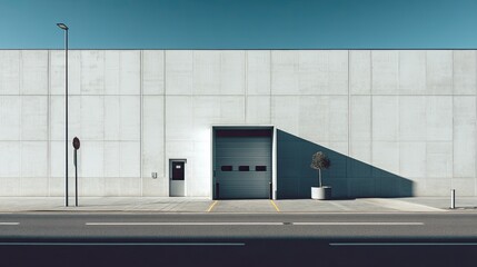 Minimalist Industrial Building Exterior with Simple Loading Dock and Clear Blue Sky
