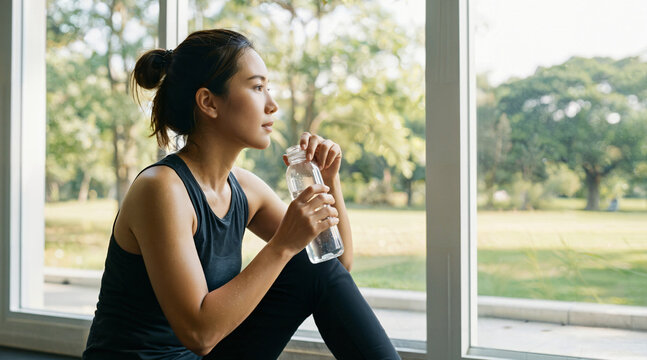 Japanese woman in sportswear drinking bottled water after workout, fitness and hydration - Powered by Adobe
