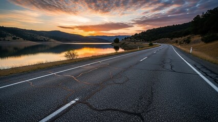 Scenic Road Alongside a Lake at Sunset with Vibrant Sky.