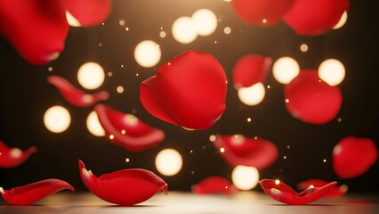 Obraz premium Romantic red rose petals floating with golden bokeh lights on dark background