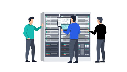 Team of technicians analyzing data in modern server room in flat design