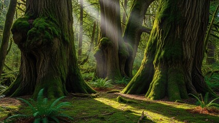 Sunbeams Pierce Lush Ancient Forest Canopy Illuminating Mossy Ground.