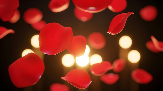 Falling red rose petals on dark background with warm bokeh lights - Powered by Adobe