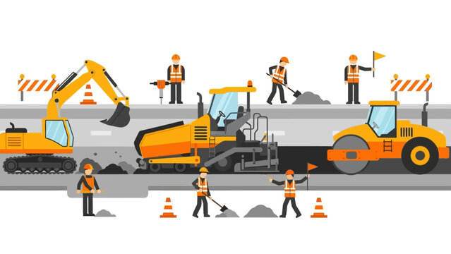Road construction process featuring heavy machinery in flat design
