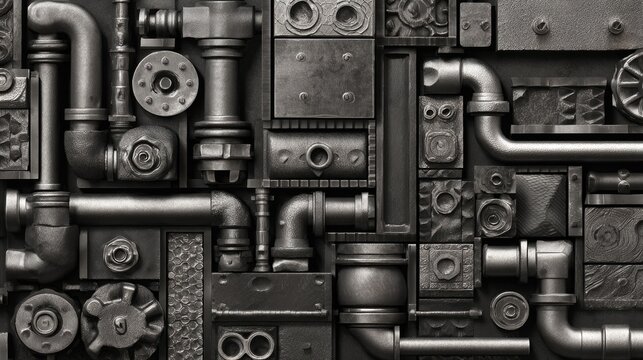 Industrial Pipes and Textures Arrangement for Background Design in Monochrome Metal Style