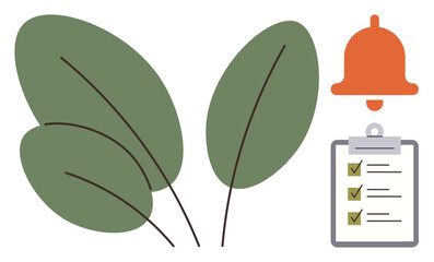 Green leaves represent growth, checklist highlights tasks, and bell signifies reminders. Ideal for productivity, organization, goals, sustainability, eco-living mindfulness self-improvement. Simple