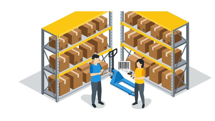 Warehouse inventory management with workers and pallet jack in isometric style