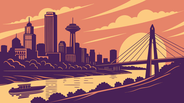 Kansas city skyline with a bridge, boat, and city buildings. Suitable for travel brochures, city guides, website headers.