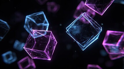 Colorful Floating Geometric Cubes with Neon Lights in Dark Background