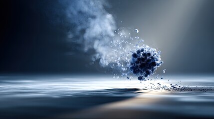 Abstract representation of a dynamic particle dispersing in a dark and luminous environment with a misty atmosphere