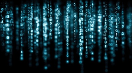 Abstract Digital Rain of Blue Binary Code with Glowing Effect on Dark Background