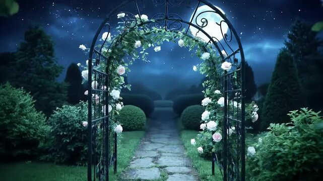Moonlit rose garden archway path under a blue night sky with glowing lanterns and floral trellis