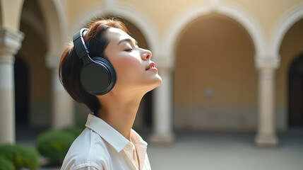Woman Listening to Music with Headphones in Urban Space
