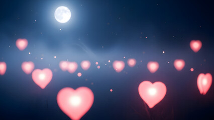 Romantic Night Sky Background With Moon And Floating Hearts