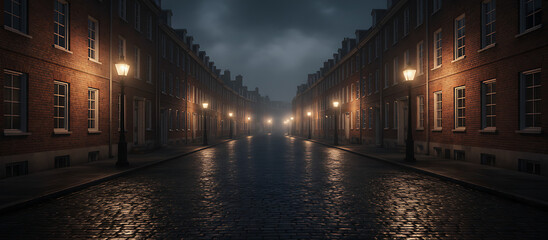 Fototapeta premium Dimly lit urban street at night, wet with rain, reflecting a long row of classic brick buildings and glowing streetlamps