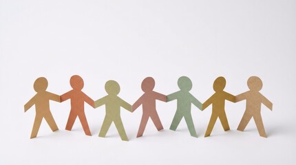 Handcrafted paper cutout figures linked together in horizontal chain with muted natural palette. Versatile craft image for community campaigns, team building content, and inclusive marketing