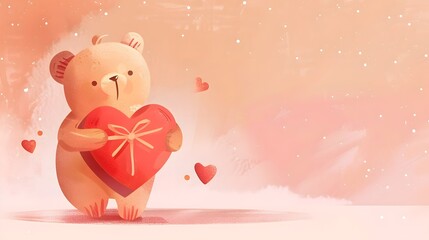 A cute cartoon bear holding a heart in a pastel pink background with love and Valentine's Day themes