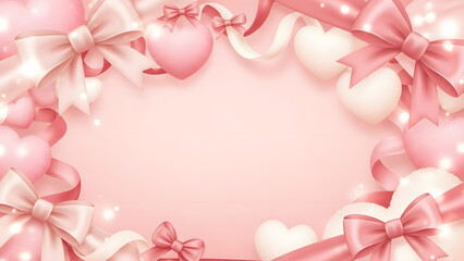 Romantic Pink Heart Frame Background With Bows Soft Valentine Design