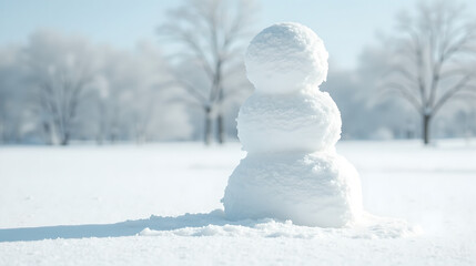 Small Snowman Standing on Snowy Field under Clear Sky
