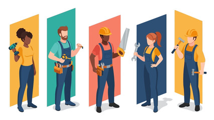 Diverse construction team standing with tools in modern flat design