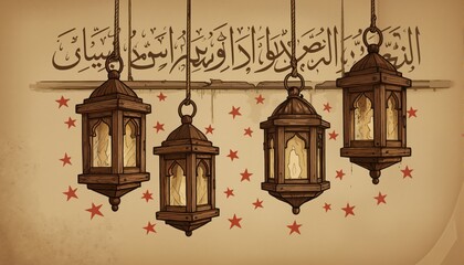 A vintage-style illustration showing old wooden lanterns hanging from a wall with Islamic inscriptions and small red stars around them.
