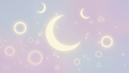 An abstract interpretation of Ramadan with floating crescent moons, glowing circles, and geometric patterns in soft pastel tones.
