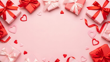 Valentines Day Flat Lay Background With Red And Pink Gift Boxes