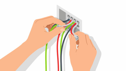 Hands connecting wires to outlet in electrical installation process