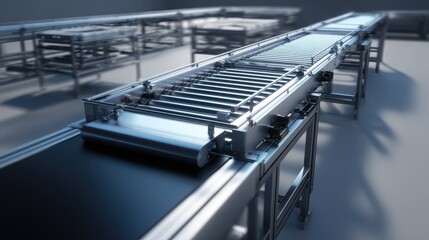 Industrial Conveyor System in a Modern Warehouse Setting Featuring Roller Track and Smooth Surface for Efficient Transportation