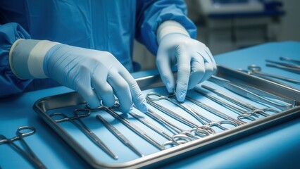 Surgeon hand preparing sterile instruments for modern surgical procedure