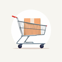Shopping cart carrying a cardboard box illustration on white background