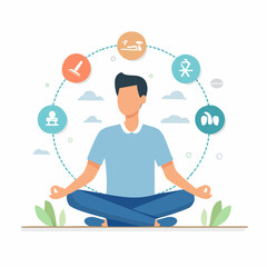 Meditating man with symbols of wellness and balance in modern illustration