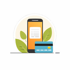 Smartphone payment illustration with credit card and green leaves