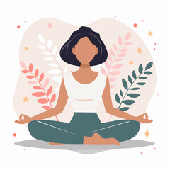 Woman meditating in lotus position with abstract floral background illustration