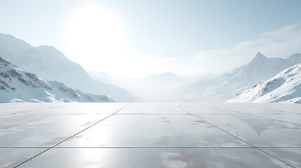 Snowy Valley and Mountains in Soft Winter Haze

