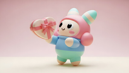 Cute Pastel Cartoon Character With Heart Gift Kawaii 3D Illustration