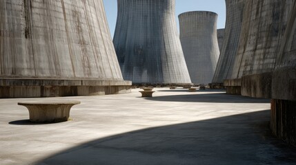 Cooling Towers Viewed from Ground Level in an Industrial Setting with Clear Blue Sky and Shadows on Concrete