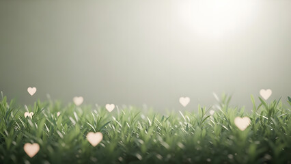 Soft Green Grass Background With Glowing Heart Bokeh Romantic Nature Scene