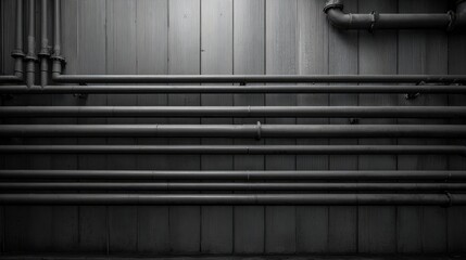Industrial Pipes on Wooden Wall Texture in Black and White, Abstract Background for Design and Art Concepts