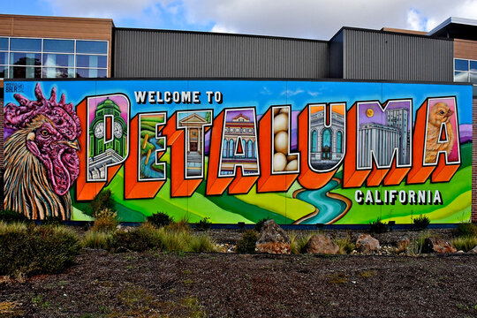 Colorful &ldquo;Welcome to Petaluma, California&rdquo; sign. Made to look like a vintage postcard, by Maxfield Bala