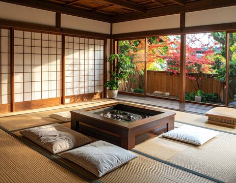 Japanese Washitsu, Irori, and Autumn Garden