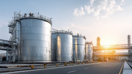 Obraz premium Industrial Storage Tanks at Refinery Under Clear Sky with Sunlight Glimmering in the Background